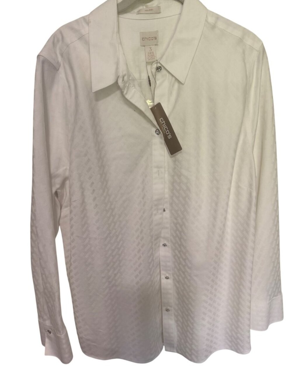 Chico's Button Front Shirt/ Blouse White w/ Shiny Pattern NWT Womans 3/XL